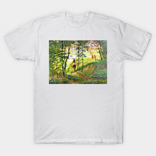 Woman girl with bicycle in woods zen yoga buddhism T-Shirt by Fantasyart123